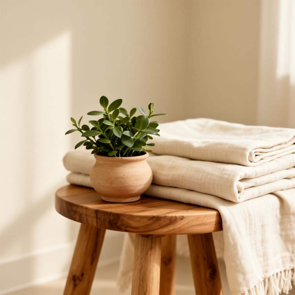 Tabouret en bois, linge plié et plante verte dans un espace de soin.