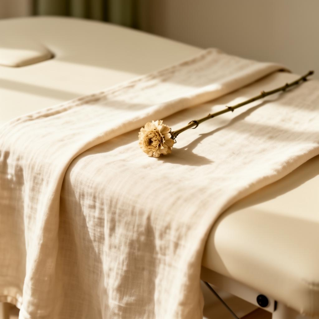 Table de soin recouverte d'un drap de lin écru.